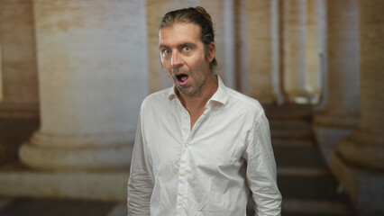 Man cups hand to ear in building ruins surrounded by towering stone columns and worn marble steps; surprise.