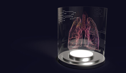 Digital Lung Scan: Futuristic holographic representation of human lungs within transparent cylindrical display, illuminated by advanced technology interfaces.
