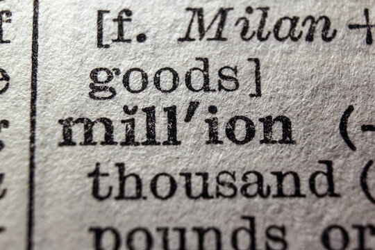 Word million printed on a dictionary page, macro closeup