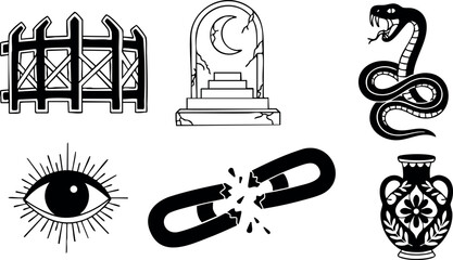 Set of black and white mystical symbols with eye, snake, chain, fence, and vase illustrations 