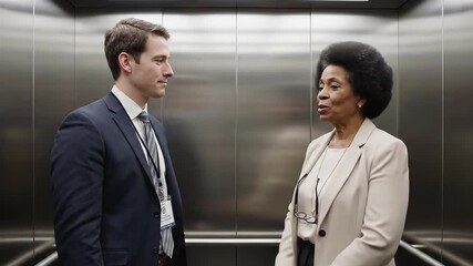 Professional conversation between two colleagues in elevator, showcasing engagement and interaction with smiles and gestures during business exchange