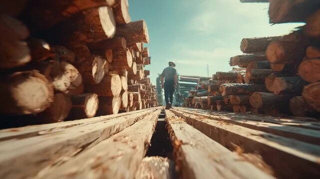 Medium shot showcasing conveyor belts transporting logs seamlessly through automated sorting and cutting stations in a sawmill.
