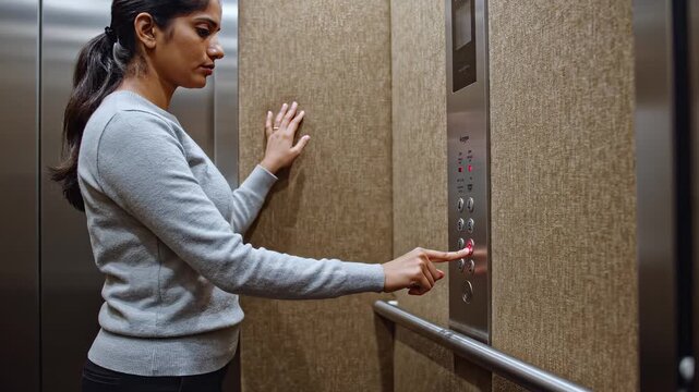 Woman in elevator pressing button with focused expression, engaged in action of selecting floor, showcasing modern elevator control panel