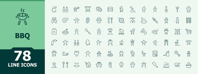 Bbq modern icon set. Minimalist icons collection. Cook icon set. Contains outline symbols like cook, grill and grilled, food, kitchen, party and more.