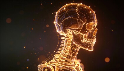 A digital image of a person in profile, consisting of glowing lines and dots that form a skeletal structure. Complex geometric patterns and connections are visible throughout its shape.