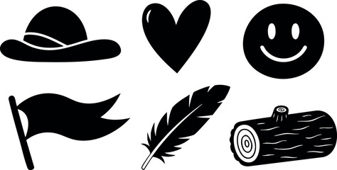 Simple black silhouette icons of flag hat heart smiley feather log vector illustration 