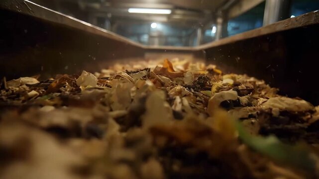 Medium shot inside an invessel composting unit showing controlled organic waste breakdown in a closed system.