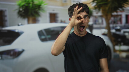 Fototapeta premium Man wearing glasses and black tshirt making ok sign with hand by eye on street near parked white car and trees; playful curiosity.