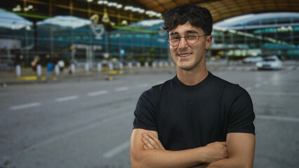 Fototapeta premium Young man standing with arms crossed showing forearms at airport terminal; confidence travel readiness.