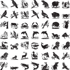 Collection of 49 Set black and white animal and nature silhouette bird crow raven squirrel tree