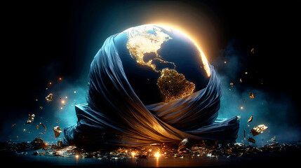 Earth globe wrapped in dark fabric with glowing continents. Concept of a fragile planet protection and environmental care for Earth Day.