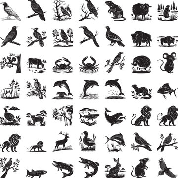 Collection of 49 Set black and white animal and nature silhouette bird crow raven squirrel tree