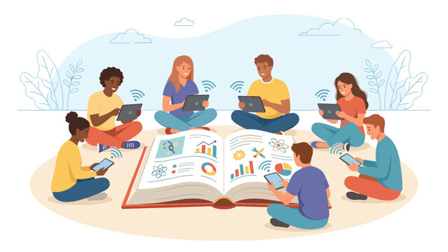 Diverse students sitting around huge book learning online via tablets. Education technology concept. Digital school study. E-learning group with wifi icons. Flat vector illustration. - Powered by Adobe