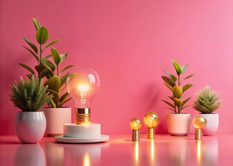 Bright idea concept with glowing light bulbs and lush green plants on pink background