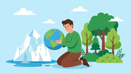 Climate change concept. Man holding earth globe. Melting iceberg vs green forest. Global warming. Environmental protection. Save world. Sustainability. Nature conservation vector.