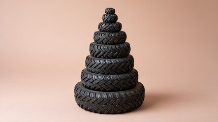 Stacked tires of various sizes forming a pyramid shape on a peach background. Concept of size comparison, growth, or organization.