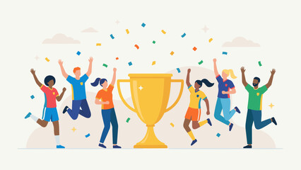 Diverse team celebrating victory with giant golden trophy. Happy group jumping with confetti. Concept of winning success achievement teamwork. Sport business winner. Champion prize cup.