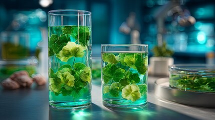 Green centella asiatica leaves in glass beaker and cylinder. Scientific experiment in modern laboratory for skincare cosmetic product.