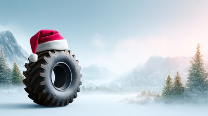 Tractor tire wearing a red Santa hat against a snowy mountain and forest background. Christmas winter landscape for holiday season.
