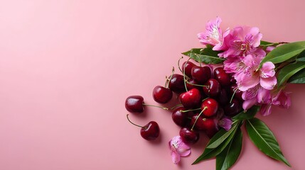 Fresh cherry fruit and pink flower on table. Sweet summer berry and floral arrangement. Healthy eating concept for banner.