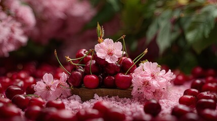 Pile of fresh red cherry berry fruit with delicate pink cherry blossom on a rustic wood board surrounded by cherry petals