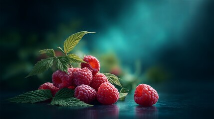 Fresh ripe raspberry with green leaves, still life on dark background. Healthy eating and summer fruit concept for recipe book.