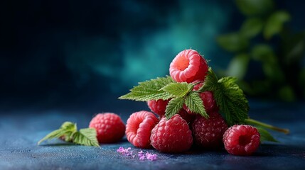 Fresh red raspberry with green leaf on a dark blue background. Healthy fruit for dessert, snack or ingredient for cooking. Natural sweet berry.
