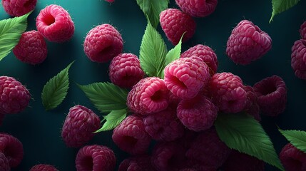 Fresh raspberry and green leaf on dark background creating a delicious summer fruit concept for healthy eating and natural ingredient advertisement.