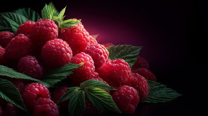 Fresh red raspberry with green leaf. Sweet organic summer fruit. Delicious berry for healthy snack and dessert. Natural vitamin background.