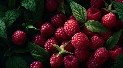Close up of fresh red raspberry with green leaf set against a dark background for natural food and healthy eating concept.