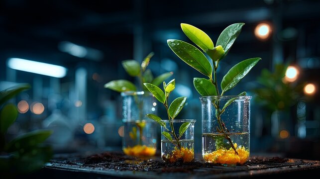 Green plant seedling in beaker on dark background. Science experiment, biology research and biotechnology concept. Growing plant in laboratory.