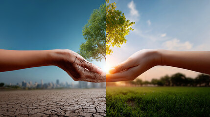 Woman hand with dry cracked skin and another woman hand with normal skin holding a tree split in two. Concept of environmental change.