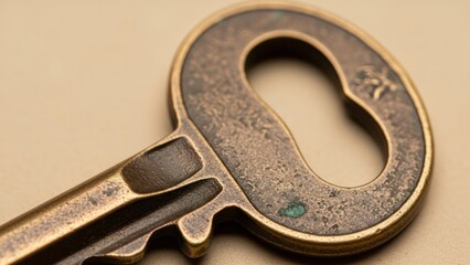 Close up of a decorative brass key on a neutral background