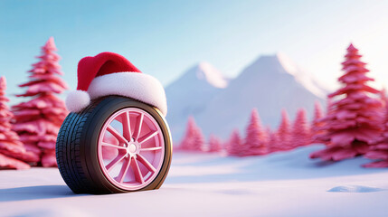 Car wheel with a red Santa hat on a snowy landscape with pink trees and mountains. Winter auto holiday celebration with surreal decor.