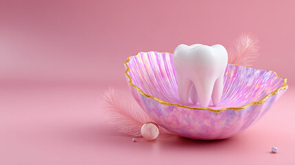 White tooth in iridescent shell with feather, pearl, and metallic bead on pink background for dental health and beauty concept.