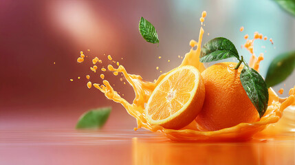 Fresh orange with a slice and splash of juice, depicting healthy lifestyle and natural beverage advertisement for summer drink.