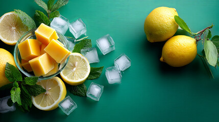 Yellow mango frozen cubes in glass bowl with ice, mint, and lemon on green background. Refreshing drink ingredient for Summer.
