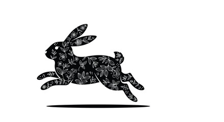 Fototapeta premium Ornate black silhouette of a jumping rabbit or hare, decorated with an intricate white floral pattern inside, isolated on a plain white background.
