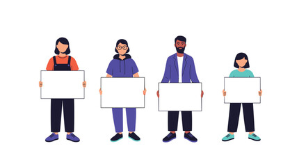Four diverse young people standing and holding blank white signs, providing a mockup for protests, announcements, or messages, isolated on white.