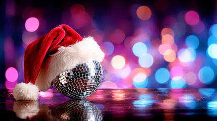 Santa hat on disco ball with vibrant bokeh background. Festive party decoration and holiday celebration. Christmas or New Year event.