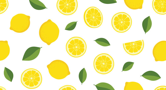 Vibrant and fresh seamless pattern with whole lemons, slices, and green leaves scattered on a white background for a zesty, summery design.