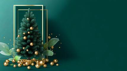 Christmas tree with golden ornament and elegant frame on deep green background. New year holiday celebration concept for greeting card.