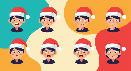 Fototapeta premium Christmas-themed set of eight avatar icons showing a young man in a Santa hat with various facial expressions against a colorful, wavy background.