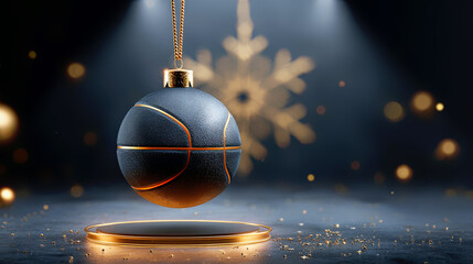 Basketball ornament hanging on a chain for Christmas decoration. Festive sports holiday theme for winter celebration and gift idea.