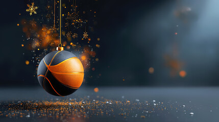 Basketball ornament hanging like a Christmas decoration. Sports holiday concept for basketball season. Festive game day celebration with glitter.