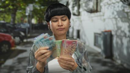 Woman counting hong kong dollars on a city street capturing urban financial concepts with asian cultural elements and a focus on economy and outdoor lifestyle.