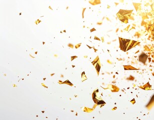 Confeti dorado disperso y flotando suavemente, fondo blanco c&aacute;lido