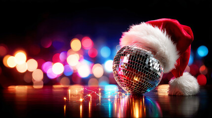 Disco ball wearing a Santa hat on a reflective surface with colorful bokeh background. Festive Christmas party mood concept for holiday advertising.