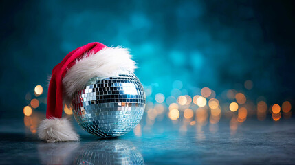 Disco ball adorned with a santa hat on reflective surface with blurred bokeh lights. Festive party decoration for Christmas and New Year celebration.