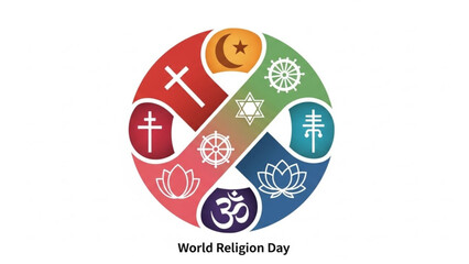 World religion day, diverse faith symbols, multiculturalism, spirituality, global unity, religious tolerance, cross, om, lotus, star
